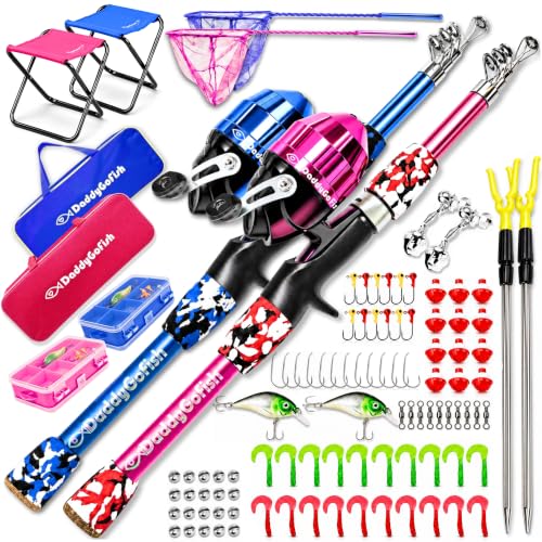 DaddyGoFish Kids Fishing Pole - Rod Reel Combo Tackle Box Starter Set - First Year Small Dock Gear Kit for Boys Girls Toddler Youth Age Beginner Little Children Junior Anglers - color: 2 Pack- Blue + Pink (Complete Set), size: 4ft