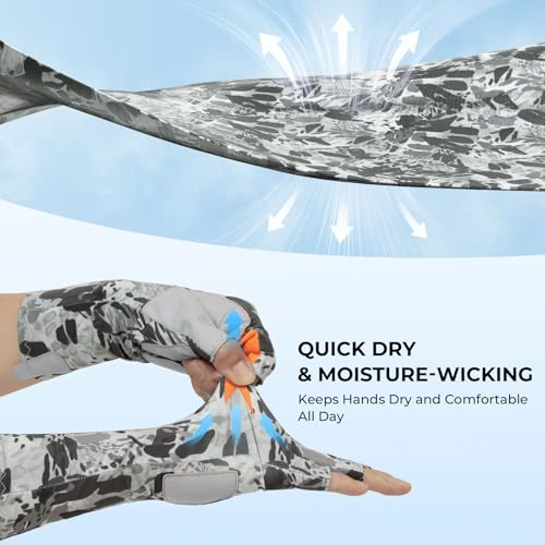 KastKing Agies Fishing Gloves Men, UPF 50+ Sun Gloves UV Protection, Cooling Quick-Dry 3/4 Fingerless Gloves with Extended Cuff, Microfiber Palm & Pull Tabs, for Fishing, Kayaking, Hiking, Hunting - color: X Camo-Gray, size: Small-Medium