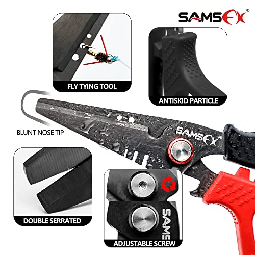 SAMSFX 6.5" Pro Fishing Shears Dual Serrated Blades, Fishing Braided Line Scissors with Titanium Coating, Non-Slip Grip & Multifunction Tool, Includes Hard Molded Locking Sheath & Coiled Lanyard - color: A: Red & Black Kraton Handle, Hard Sheath