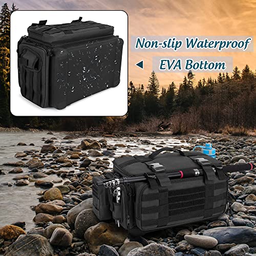 DSLEAF Waterproof Tackle Box Bag with Rod Holder, Soft Fishing Tackle Storage Bag with Non-Slip Base for Saltwater or Freshwater Fishing (Patent Design), Only Bag