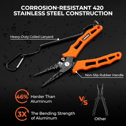 KastKing Cutthroat 7 inch Fishing Split Ring Pliers, 420 Stainless Steel Fishing Tools, Saltwater Resistant Fishing Gear, Tungsten Carbide Cutters - color: Orange
