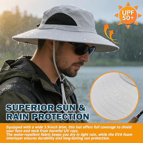 Wide Brim Sun Bucket Hat, Waterproof Boonie Hat for Men & Women | UPF 50+ UV Protection, Adjustable Fit, Chin Strap & Sweatband, Foldable Durable for Fishing Hiking Garden Beach - color: 01 Ivory