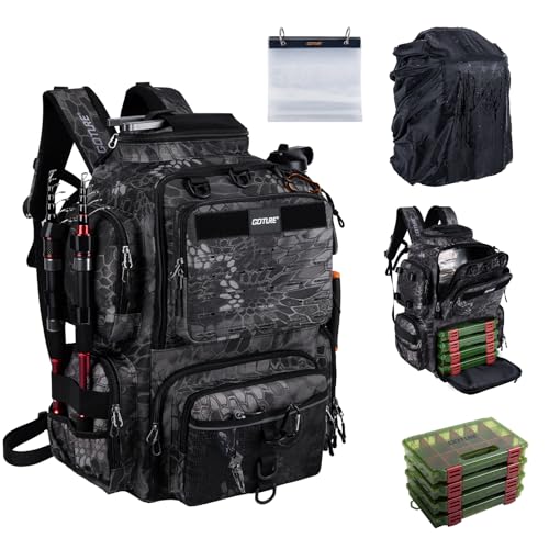 Goture Fishing Backpack with 4 Tackle Boxes,900D Water-Resistant Tackle Backpack with Rod Holders,SBS Zippers,45L Large Tackle Storage Gear Bag with Rain Cover,Bottle Holder for Travel Camping Hiking - color: A1:19# Camo, size: Include 4 Tackle Boxes