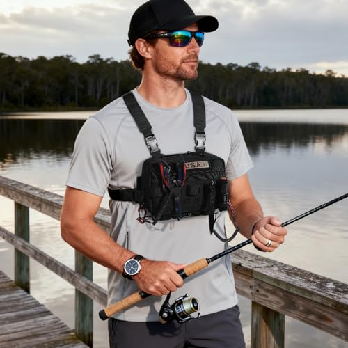 Outdoor Chest Bag for Men, Water-Resistant Fishing Chest Pack, Tactical Vest for Running, Cycling, Hiking - color: Black