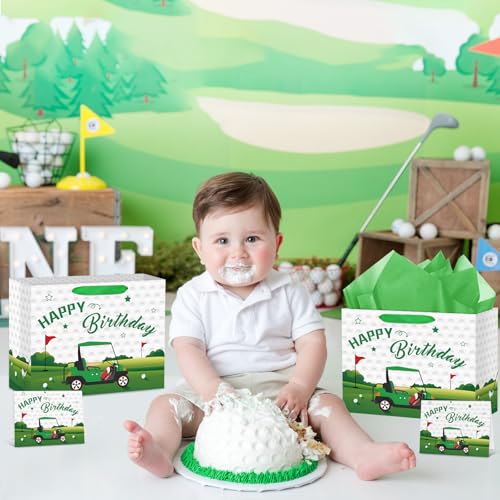 Hooqict Large Golf Gift Bag Golf Themed Birthday Party Gift Wrapping Bag with Handles, Tissue Paper, Greeting Cards for Kids Boys Men Goodie Candy Treat Party Favors - color: Golf
