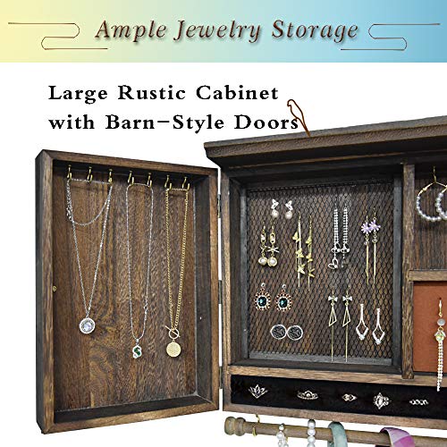 Rustic Wall Mounted Jewelry Organizer,Vintage Wooden Hanging Jewelry Holder Box with Barndoor Decor for Necklaces, Earings, Bracelets, Rings, Accessories. Includes Hook Organizer - color: RUSTIC BROWN