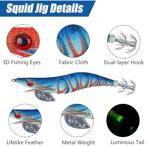 Glow Squid Jig Saltwater Squid Lures, 5/10pcs Luminous Squid Jig Hooks Shrimp Prawn Lures Fluorescent Cuttlefish Sleeve Octopus Jigs Artificial Baits Night Fishing Tackle Size 2.5# 3# 3.5# - size: 2.5#-10pcs