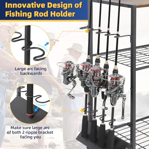 Olakee Fishing Rod Holders, Rolling Fishing Rod Rack for Garage & Boat, Tackle Box & Reel Holder Cart, Easy Assembly Fishing Gear Management System, Ideal Birthday Gift for Men Dad Anglers - color: 8 Rods,Carbonized Black