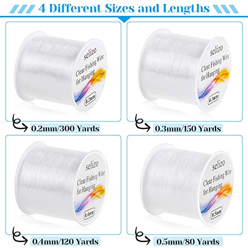 Fishing Wire for Hanging, Selizo 4Pcs Clear Fish Line Fishing String Invisible Monofilament Nylon Thread for Hanging Decorations, Balloon Garland, Jewelry Making, Beading and Crafts