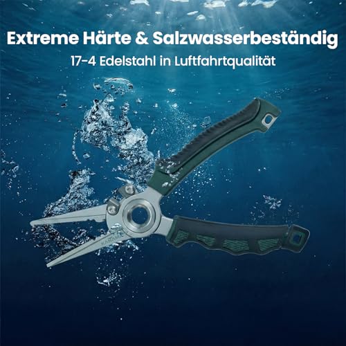 KANAMA 17-4 Stainless Steel Fishing Pliers, 7.5 Inch Rust Saltwater Fishing Pliers with Split Ring, Fish Hook Remover with Tungsten Carbide Braid Cutters, Non-Slip Handles Fishing Gifts for Men