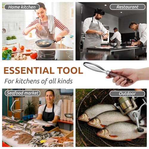 DUGATO Fish Scale Remover, Stainless Steel Scaler with Wood Handle | Serrated Descaler Scraper for Quick Fish Cleaning, Rustproof Blade, Seafood Prep for Kitchen & Outdoor