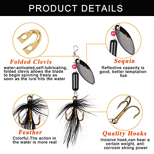 16pcs Fishing Lures Spinnerbait Hard Metal Inline Spinner Baits Kit | Spinner Lures with Feathered Treble Hooks, Fishing Spinner Baits for Freshwater Saltwater Bass Trout with Portable Carry Bag