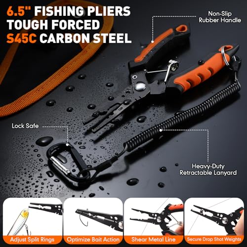 RoundFunny 13 Pcs Fishing Tool Kit, Fishing Pliers with Lanyard, Fillet Knife, Fish Lip Gripper, Hook Remover, Braid Scissors, Sharpening Rod, Tool Retractor, Gloves, Towel, Storage Bag