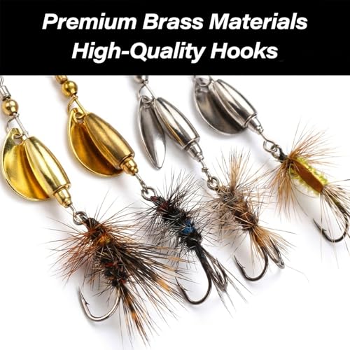 Trout Spinner Lures with Stimulator/Humpy Dry Fly Tail, Brass Hard Metal Hand-Tied Rooster Bait Tail Fishing Spinnerbaits for Bass Pike Salmon Saltwater Freshwater Lake River - color: 5PCS