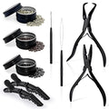 EHDIS Hair Extension Beading Tool Kit 600PCS Micro Silicone Lined Beads Stainless Steel Hair Extensions Micro link Bead Closer and Remover Pliers set, Beads Hair Pulling Hook & Micro Ring Loop Tool - color: Black with beads