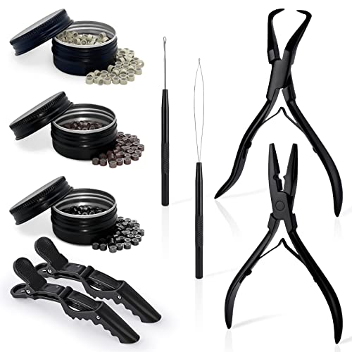 EHDIS Hair Extension Beading Tool Kit 600PCS Micro Silicone Lined Beads Stainless Steel Hair Extensions Micro link Bead Closer and Remover Pliers set, Beads Hair Pulling Hook & Micro Ring Loop Tool - color: Black with beads