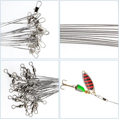 Stainless Steel Fishing Wire Leaders, Black Coated & Uncoated Options, Heavy Strength 31–100LB, 6–21in Multi Sizes with Rolling Swivels Snaps for Salt Fresh Water Shark Pike Barracuda - color: 9.84in - 50pcs（31LB)