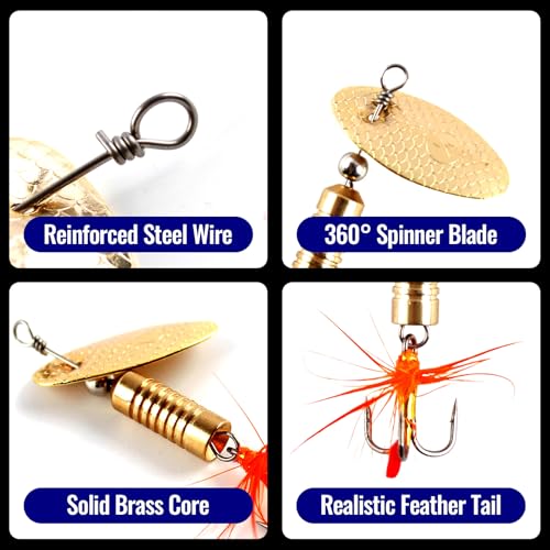 Trout Spinnerbait Lures Inline Rooster Tail Fishing Kit Brass Spinner Baits with Smooth Rotation Flash Blade for Bass Pike Crappie Saltwater Freshwater Lake River 360 Balance Hook - color: 1/4 oz