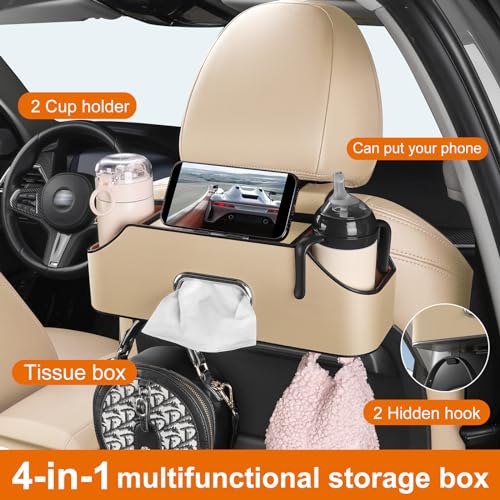 Car Rear Backseat Extra Multifunctional Drink Cup Holder Organizers With Tissue Storage Box Organizer & Hooks For Car Seat Back.Beige - color: Beige