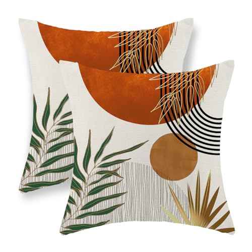 Boho Pillow Covers 18x18 Set of 2 Green Gold Orange Throw Pillows Tropical Leaves Sunset Decor Modern Mid Century Pillowcase Outdoor Decorations Bohemian Linen Cushion Case for Couch Sofa Bed - color: Orange-mid Century 1, size: 18" x 18" (Pack of 2)