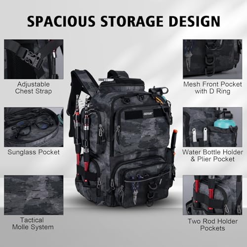 Goture Fishing Backpack with 4 Tackle Boxes,900D Water-Resistant Tackle Backpack with Rod Holders,SBS Zippers,45L Large Tackle Storage Gear Bag with Rain Cover,Bottle Holder for Travel Camping Hiking - color: A1:28# Camo, size: Include 4 Tackle Boxes