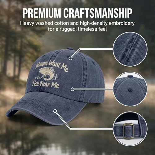 Fish Hats for Men Women,Funny Fishing Lover Gifts,Embroidered Washed Distressed Baseball Cap,Vintage Trucker Hat - color: Women-blue