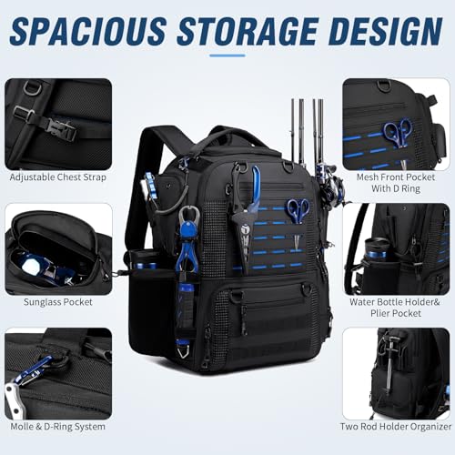 Fishing Tackle Backpack with 2 Rod Holders, Multi-Pocket Tactical Bag with Bottle Holder, 50L Extra Large Fishing Bag for Fishing Gear and Equipment, Black - color: Black