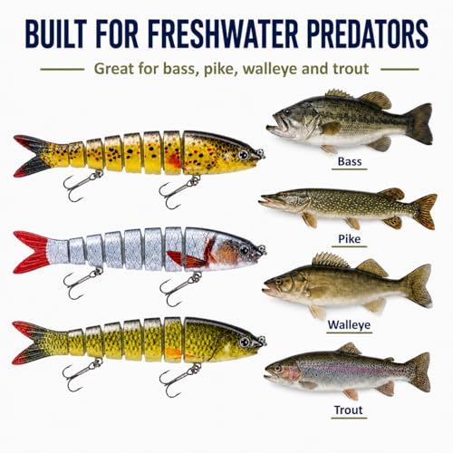 Bass Fishing Lures 3 Pack, 5.2in 8-Segment Jointed Swimbaits, Slow Sinking Hard Baits with Tackle Box, Life-Like Swimming Action for Bass Pike Walleye