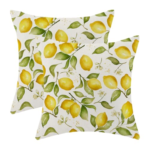 Summer Pillow Covers 16x16 Inch Set of 2 Yellow Lemon Floral Throw Pillows Outdoor Decorative Seasonal Spring Summer Yellow Green Leaves Floral Pillowcases Linen Cushion Covers for Sofa Couch - color: Lemon Floral, size: 16" x 16" (Pack of 2)