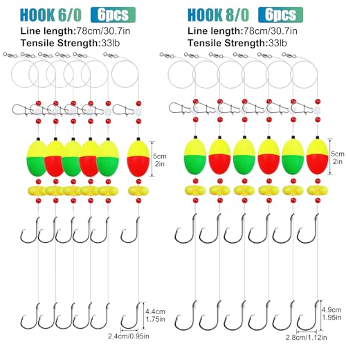 Fish Finder Rigs - 6 Pack (Size 6/0 or 8/0) with 33LB Fluorocarbon Leader - Pre-Assembled Surf Fishing Rigs with High-Carbon Steel Hooks & Oversized Float for Saltwater Ocean Fishing - size: 8/0 Double Hook-6pcs
