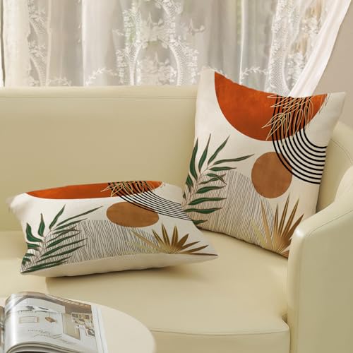 Boho Pillow Covers 18x18 Set of 2 Green Gold Orange Throw Pillows Tropical Leaves Sunset Decor Modern Mid Century Pillowcase Outdoor Decorations Bohemian Linen Cushion Case for Couch Sofa Bed - color: Orange-mid Century 1, size: 18" x 18" (Pack of 2)