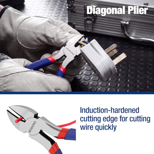 7-piece WORKPRO Pliers Set with Groove Joint, Long Nose, Slip Joint, Linesman, and Diagonal Pliers for DIY & Home Use - color: Red, Blue