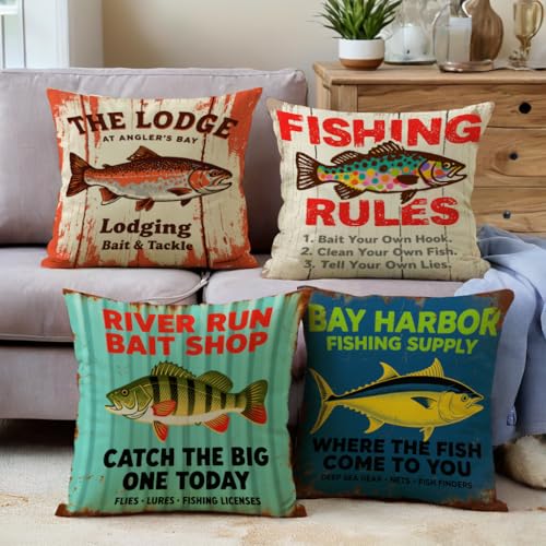 Rustic Fishing Throw Cushion Case 18x18 Inch Vintage The Lodge at Angler's Bay Trout Pillow Cover Cabin Man Cave Couch Sofa, Outdoor Fishing Decor Pillowcase (Orange) - color: Orange