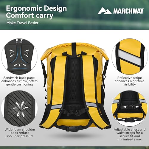 MARCHWAY Roll Top Waterproof Backpack, Floating Dry Bag 20L/30L/45L with Ergonomic Rectangular Base, Cushioned Back, Hip Strap for Hiking Camping Kayaking Travel (Yellow, 30L) - color: Yellow, size: 30L