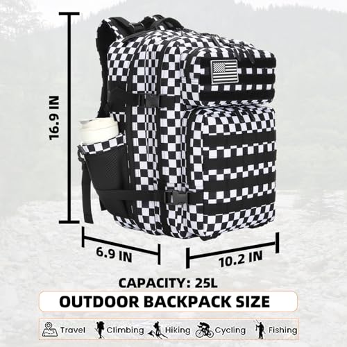 Lovelinks21 25L Tactical Military Backpack Small Travel Rucksack for Men and Women Assault Pack Bug Out Bag Molle Daypack Gym Backpack with Bottle Holder (Black White Checkered) - color: Black White Checkered