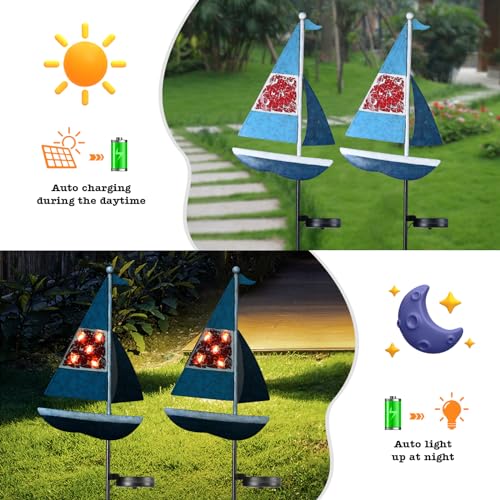 Solar Garden Lights Sailboat Stake Decor-Yard Outdoor Statue Decorations Waterproof 5 LED Metal Landscape Lighting Flower Bed,Pond,Yard,Lawn Gift for Mom Grandma Women - style: Sailboat