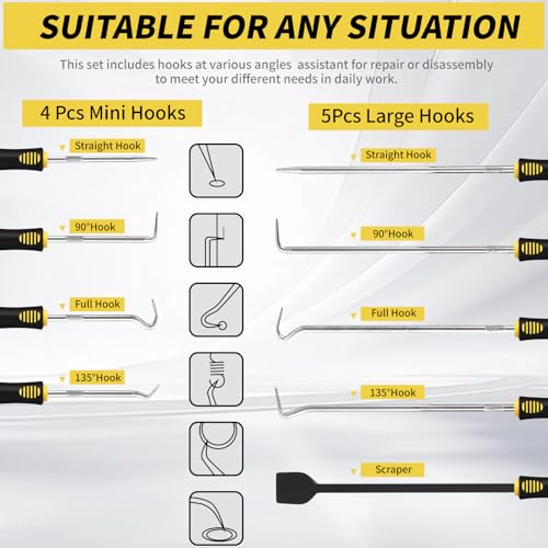 9PCS Hook and Pick Tool Set with Scraper- Automotive Pick Set with Metal Pick Tools & Ergonomic Grip, Mechanic Tool Set for Car Repair, O-Rings, Gaskets, and Tight Spaces - color: yellow