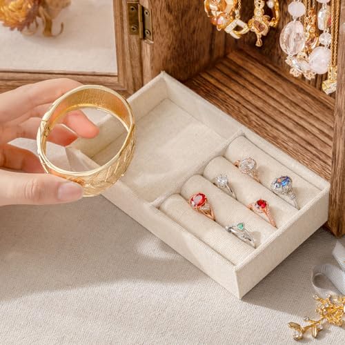 SINGLBA Necklace Holder Organizer, Wooden Jewelry Box for Women Girls, Rotatable Jewelry Organizer Case with Ring Tray Display & Storage for Necklaces Bracelets Rings Earrings, Gifts for Women Her - color: Carbonized Brown