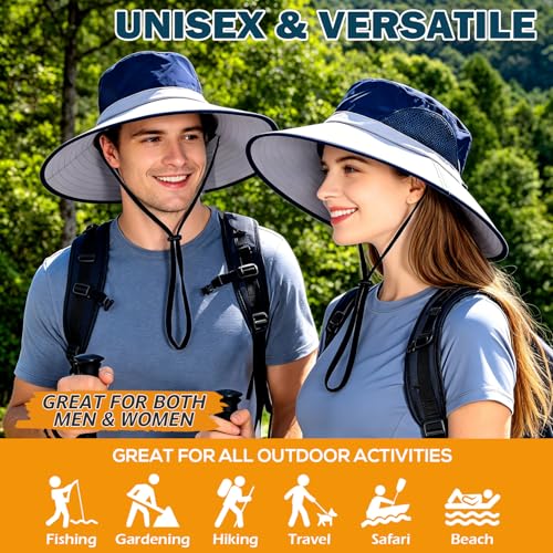Wide Brim Sun Bucket Hat, Waterproof Boonie Hat for Men & Women | UPF 50+ UV Protection, Adjustable Fit, Chin Strap & Sweatband, Foldable Durable for Fishing Hiking Garden Beach - color: 02 Light Grey+navy Blue