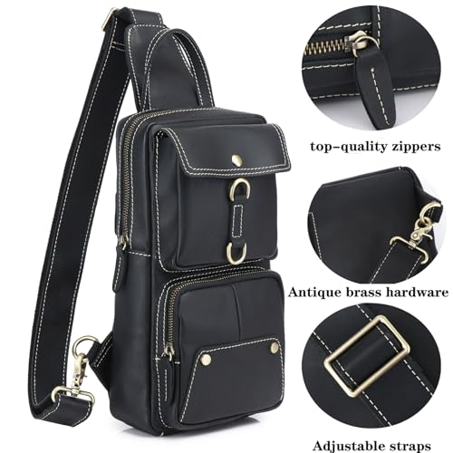 Genuine Leather Sling Bag for Men Women Shoulder Backpack Satchel Crossbody Chest Casual Outdoor Daypack - color: #03black