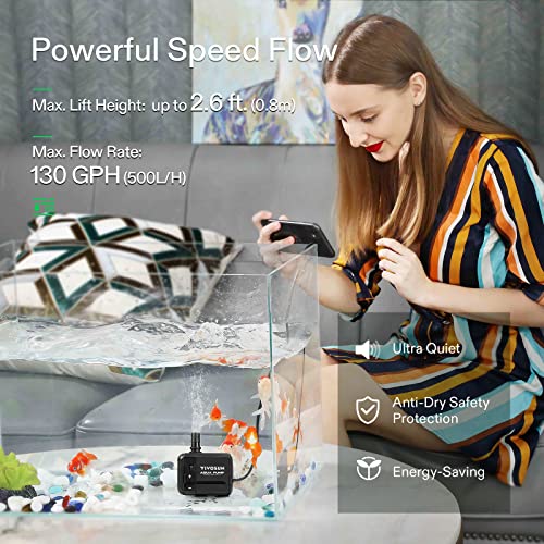 VIVOSUN 130GPH Submersible Pump(500L/H, 6W), Ultra Quiet Water Pump with 2.6ft High Lift, Fountain Water Pump with 5ft Power Cord, 2 Nozzles for Fish Tank, Pond, Aquarium, Statuary, Hydroponics - size: 5"×3"-130