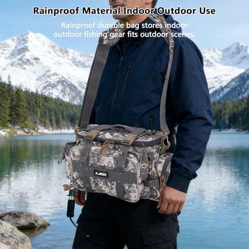 Fishing Tackle Bag with 2 Storage Boxes - watertight Shoulder Bag with Adjustable Straps, 23-Tray Organizer for Lures, Hooks & Fishing Gear Accessories (Camo) - color: Camo