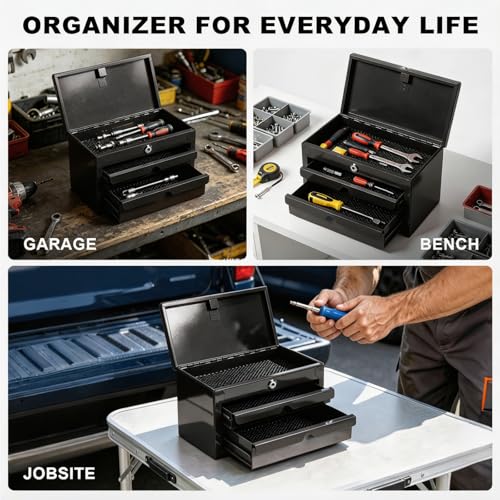 BIG RED Mini Steel Tool Box with Drawer, Small Metal Tool Box Organizer | Lockable Top Storage, Multi-Purpose Portable Tool Box Organize for Desk, Home, Garage, desk or Workbench, Black - color: Black, size: 10.7in