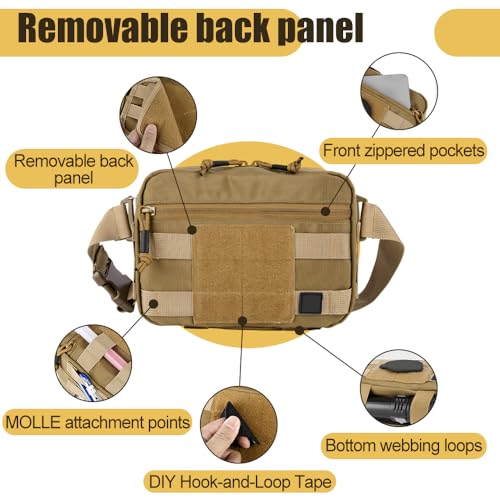 Tactical Messenger Bag, Waterproof MOLLE Waist Bag Crossbody Chest Pack with Removable Back Panel for Hunting Fishing Hiking Climbing Cycling - color: Khaki