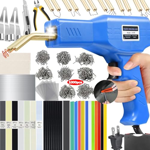 Upgraded 220W Plastic Welder, 2 in 1 Plastic Welding Repair Welder Kit 1000PCS Hot Stapler Soldering Gun with 100PCS Plastics Welding Rods Car Bumper Repair Kit for Most Plastics(Blue) - color: Blue