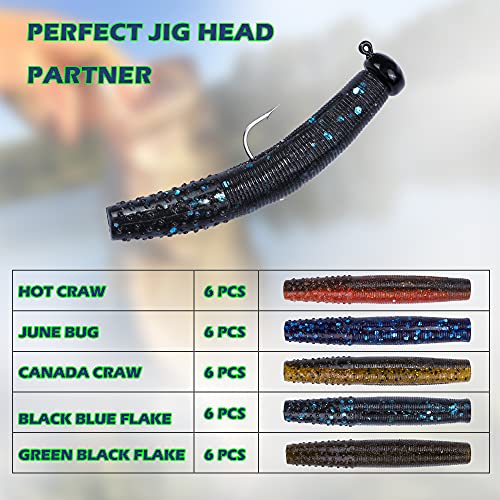 Soft Plastic Worm Fishing Lures Kit, Finesse TRD Stick Worms and Ned Rig Baits with Jig Heads for Bass Fishing, Freshwater Bass Soft Baits - color: Mix Color B - 30pcs Worms, size: 2.75"