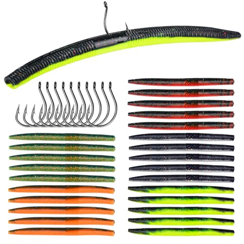 Soft Plastic Worm Bass Fishing Lures, 4"/5" 50/100pcs Plastic Fishing Lure Wacky Worm Rig + 10pcs Grub Baits Hook, Soft Worms Lure Set for Bass (110 Pack) - color: 061-60PCS-4 Inch