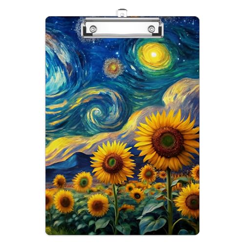 Sunflower Clipboard, Starry Night Decorative Clip Board with Metal Clip Cute Plastic Clipboards A4 Standard Size 8.5" x 12.5" for Nurses, Students, Office - color: Sunflower
