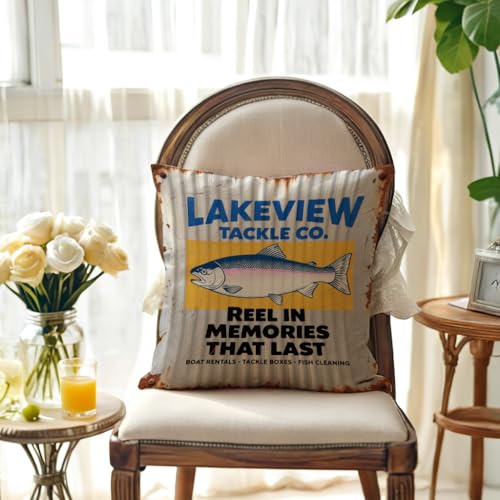 Rustic Fishing Throw Cushion Case 18x18 Inch Reel in Memories Trout Pillow Cover for Lake House Cabin Man Cave Couch Sofa Outdoor Fishing Decor Pillowcase (Grey) - color: Grey