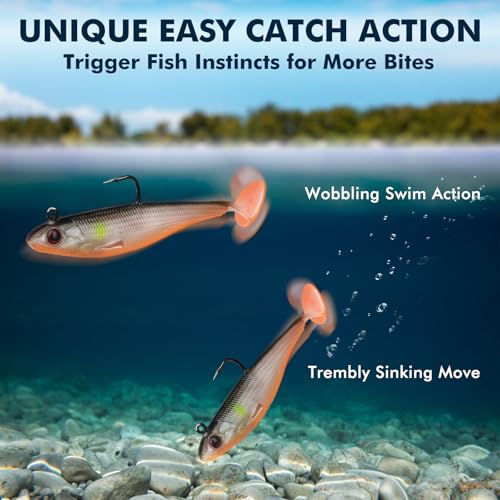 TRUSCEND Shadtale Easy Catch Soft Fishing Lures with BKK Hooks - Trembly Sinking and Vibrating Swim for More Bites, Pre-Rigged Swimbaits for Bass, Trout, Crappie, Walleye, Freshwater Saltwater Fishing - color: 3.5",0.45oz